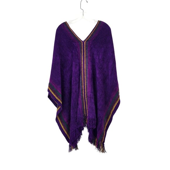 Handwoven Artisan Purple Chenille Poncho With Fringe Trim & Multicolor Stripes - Picture 7 of 8